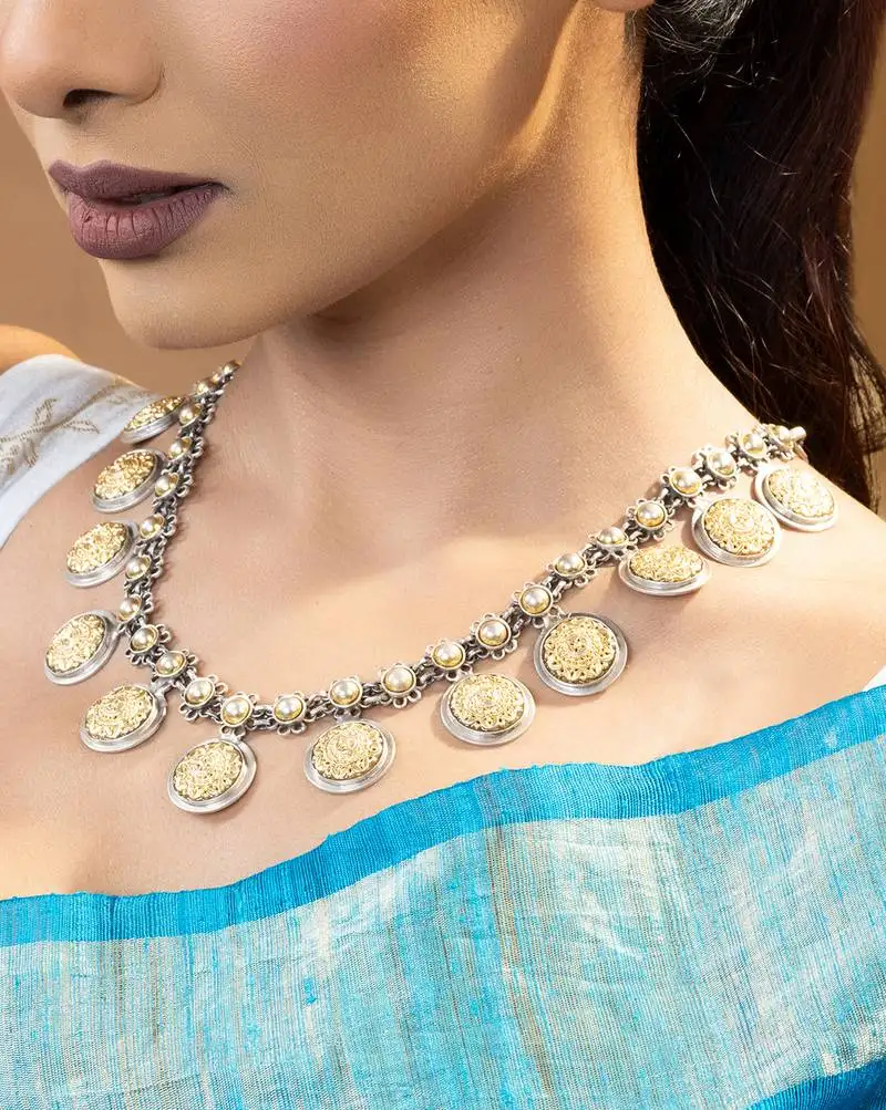 Golden charm silver necklace