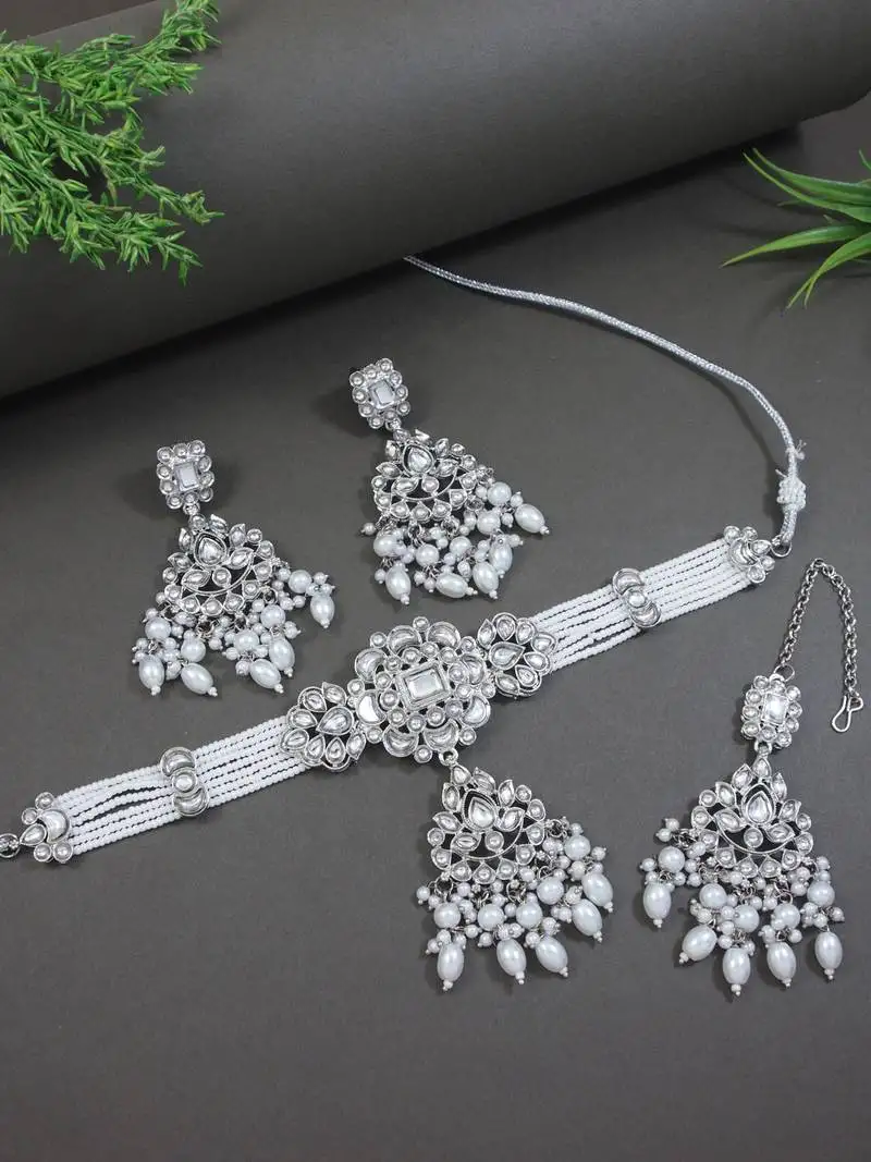 Traditional kundan & pearl necklace jewellery with earrings & maang tikka set for women