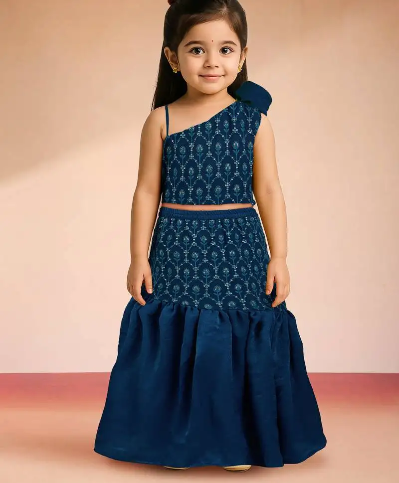 Girls turquoise georgette lehenga set - one shoulder sequined diwali outfit