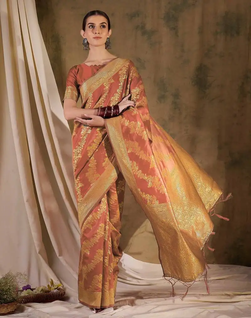 Charming peach banarasi art silk saree with weaving work