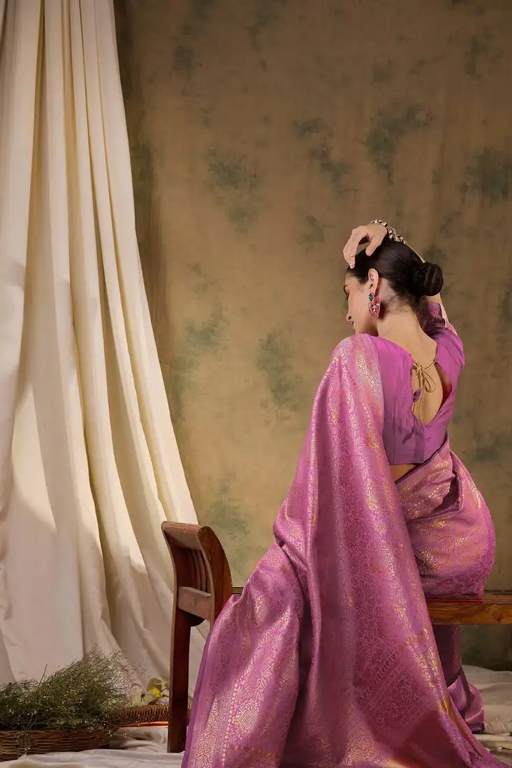 Delicate baby pink banarasi art silk saree with weaving work