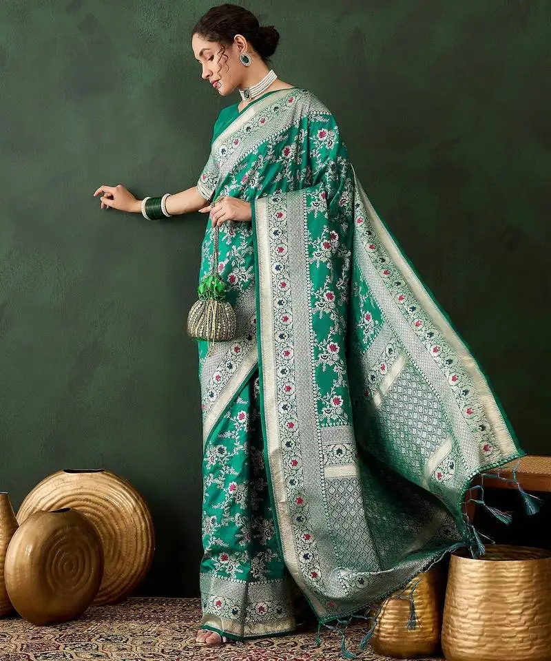 Women's green soft banarasi art silk weaving saree gorgeous green banarasi