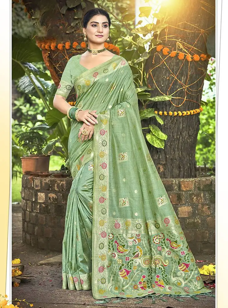 Sea green color heavy looks woven meenakari designer assam silk saree