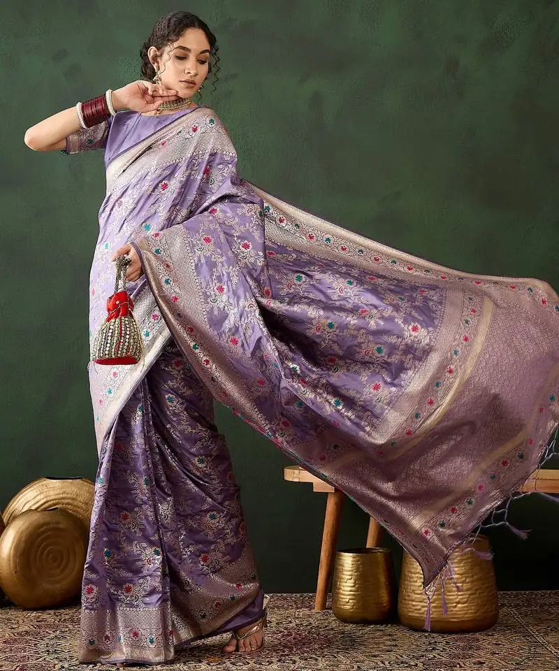 Women's lavender soft banarasi art silk weaving saree lovely lavender banarasi