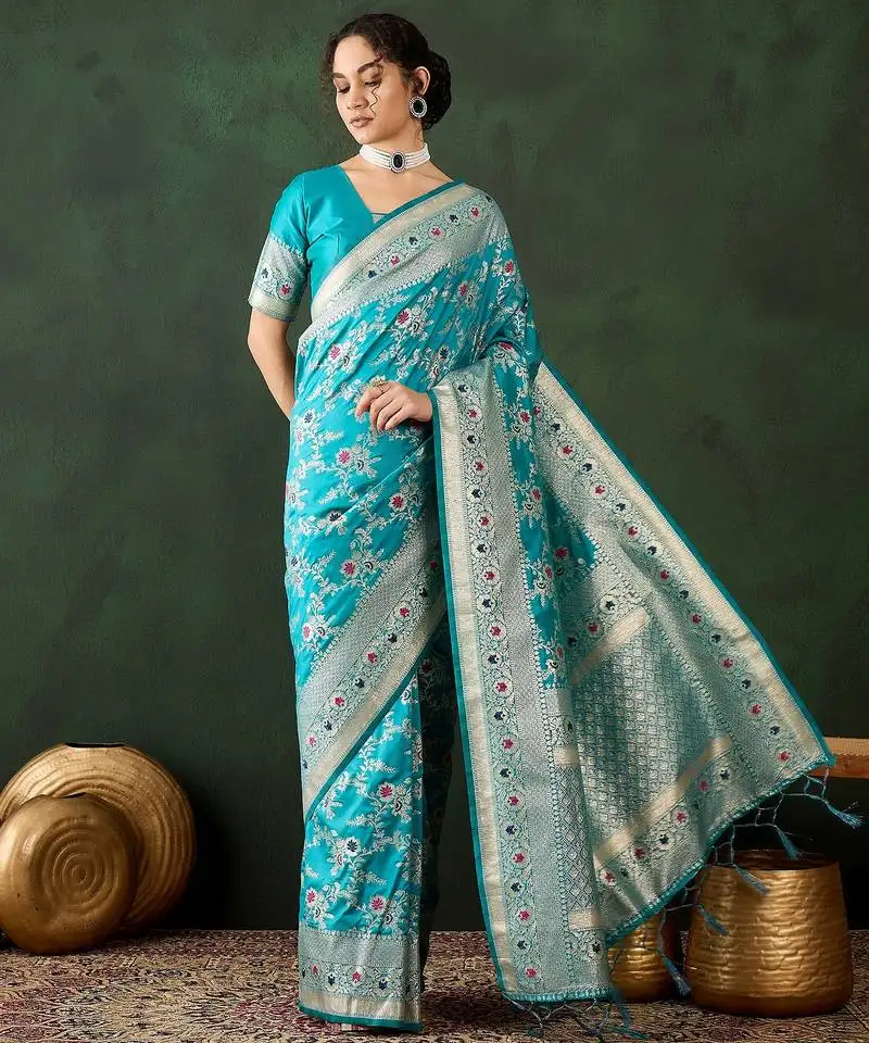 Women's teal soft banarasi art silk weaving saree   timeless teal banarasi