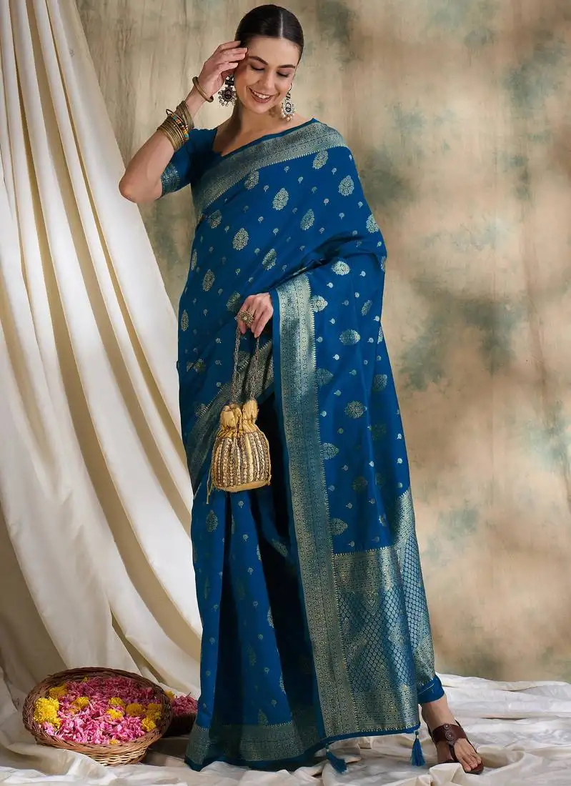 Petrol blue banarasi art silk saree with classic weaving details
