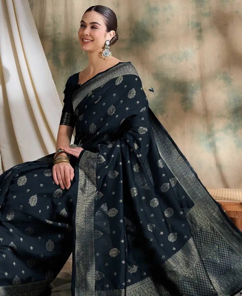 Black banarasi art silk saree with traditional weaving craft