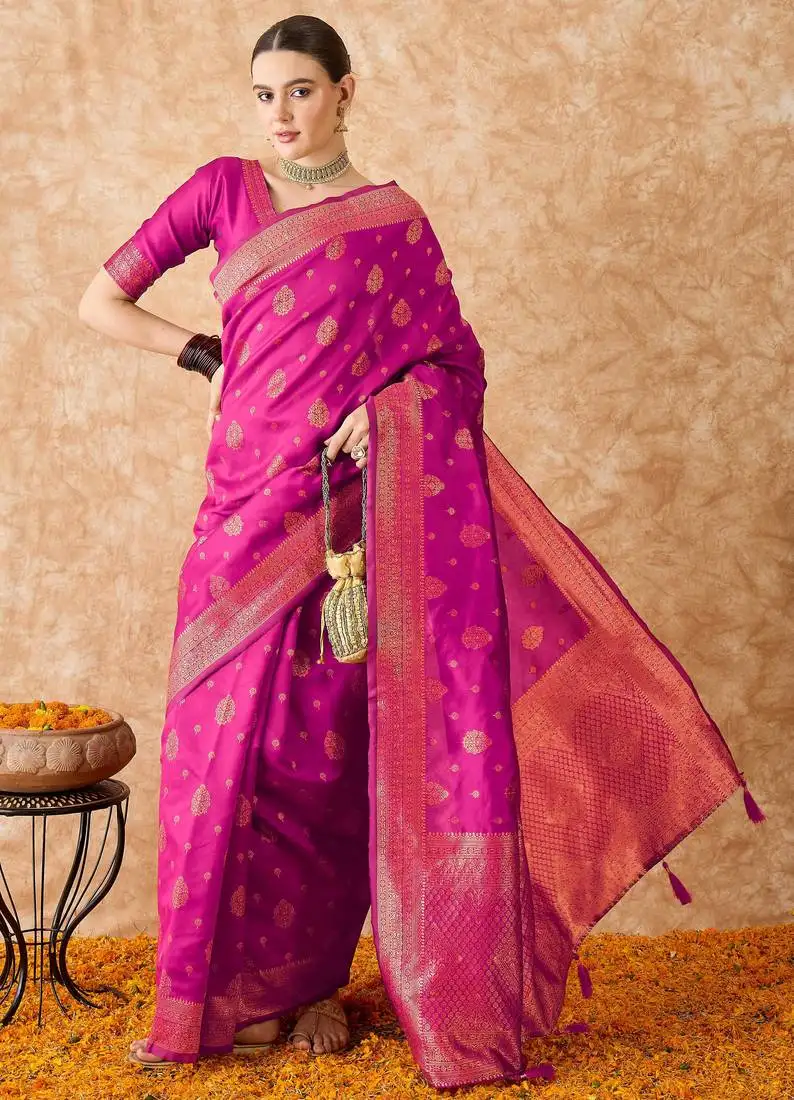 Pink banarasi art silk saree with elegant weaving work