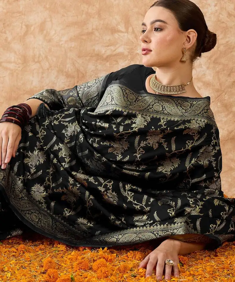 Classic black banarasi art silk saree with stunning weaving