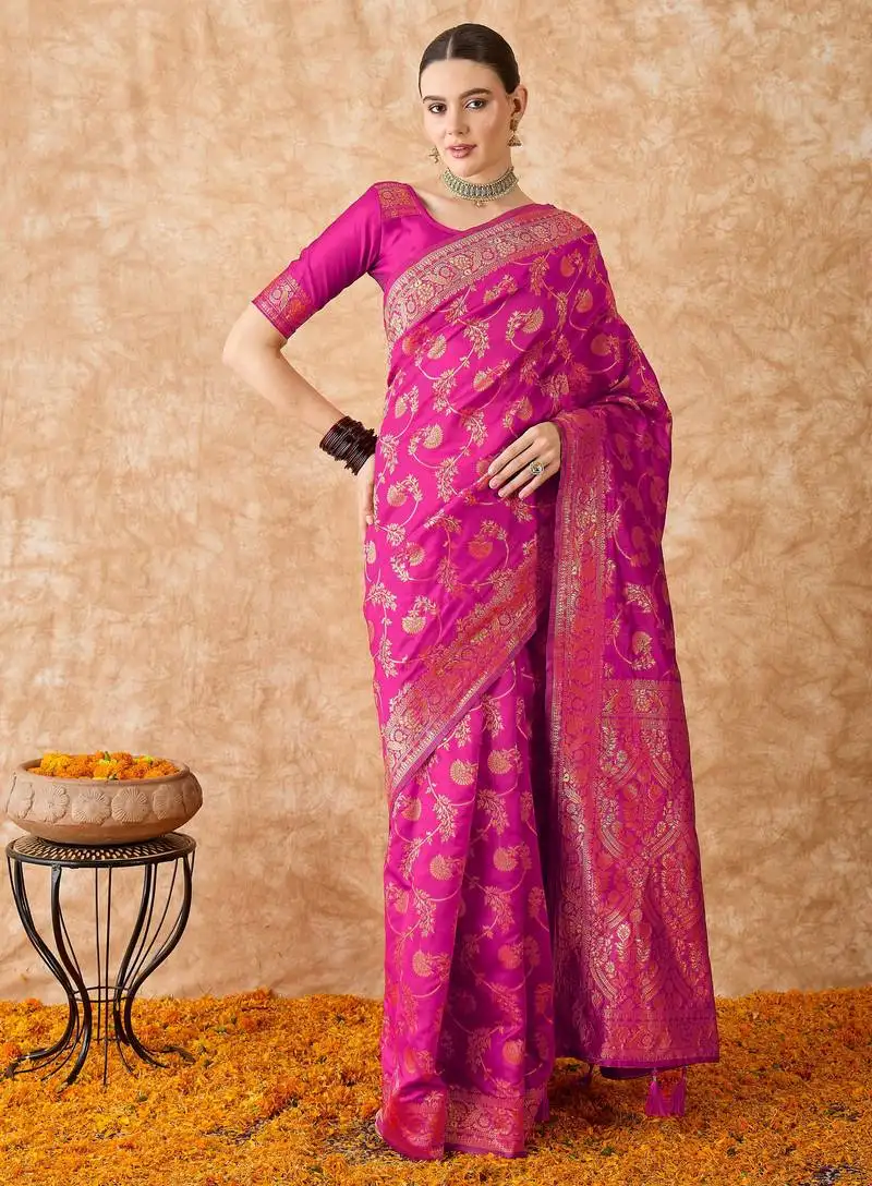 Pink banarasi art silk saree with rich weaving patterns