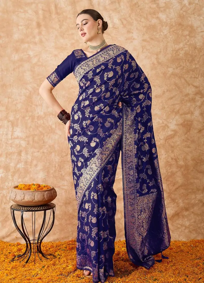 Navy blue banarasi art silk saree with royal weaving design
