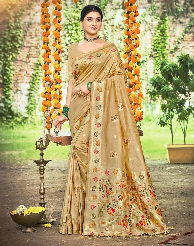 Beige color heavy looks woven meenakari designer assam silk saree