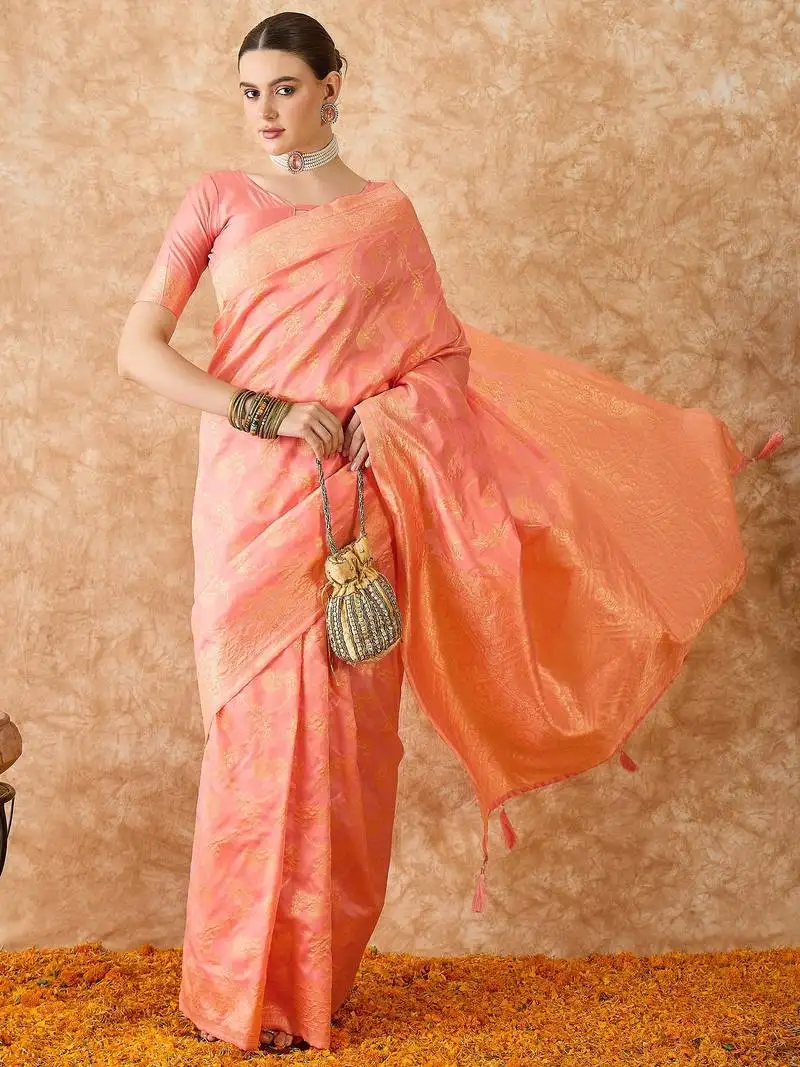 Peach banarasi art silk saree for women with graceful weaving