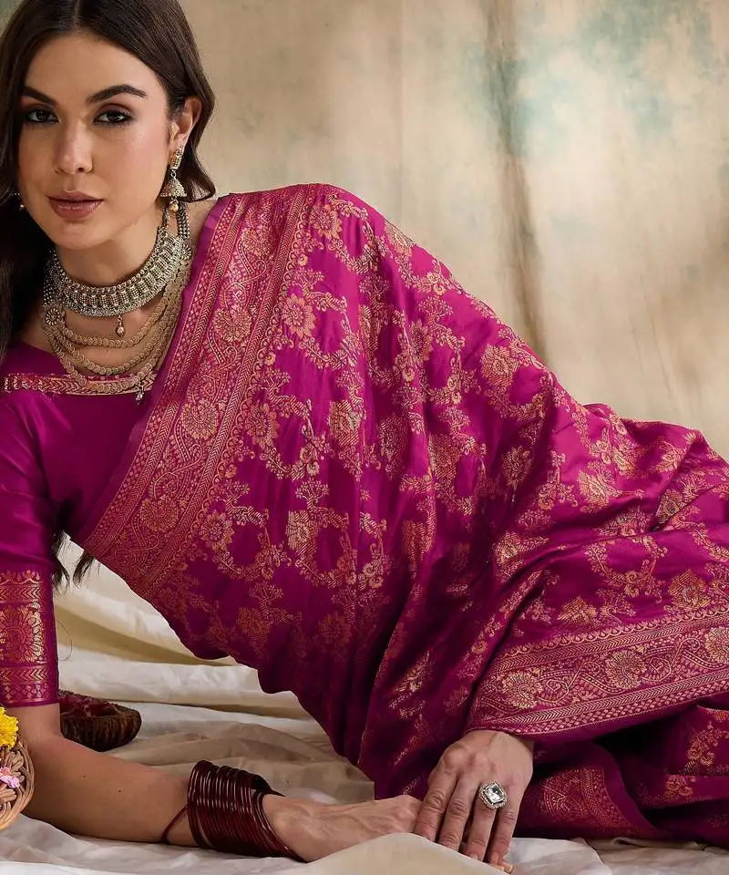 Pink banarasi art silk saree with classic weaving work