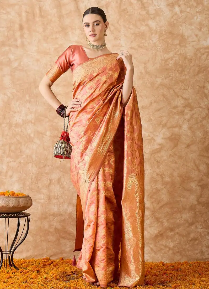 Peach banarasi art silk saree for women with elegant weaving