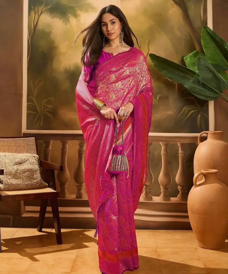 Pink banarasi art silk saree with beautiful weaving work
