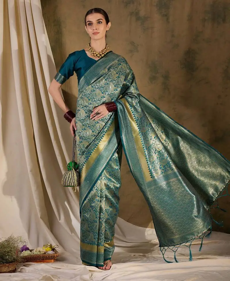Teal blue banarasi art silk saree with stylish weaving pattern