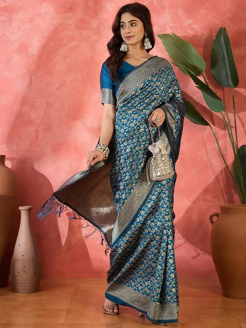 Petrol blue banarasi art silk saree with exclusive weaving craft