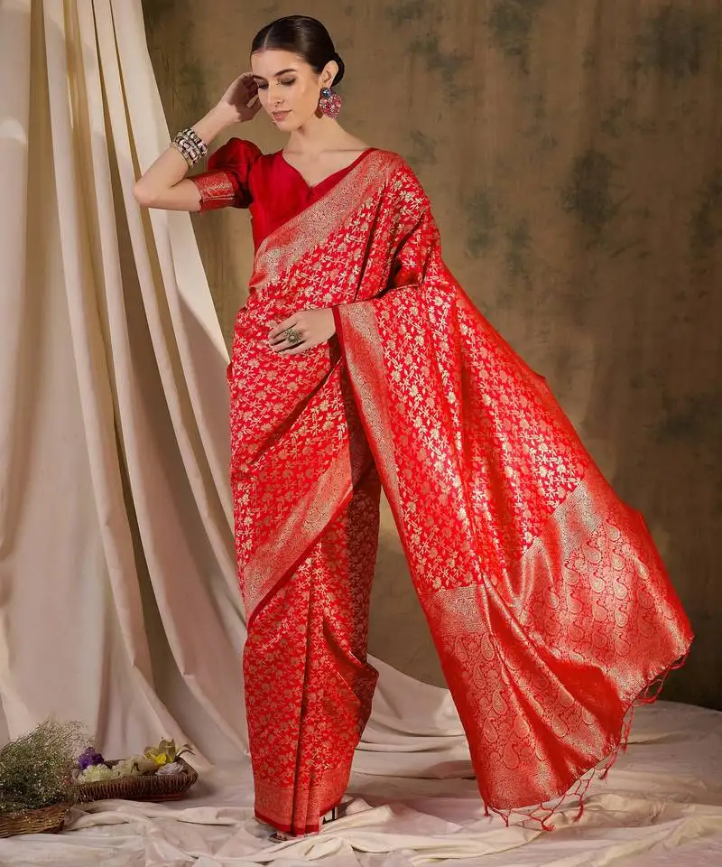 Festive red banarasi art silk saree with ornate weaving work