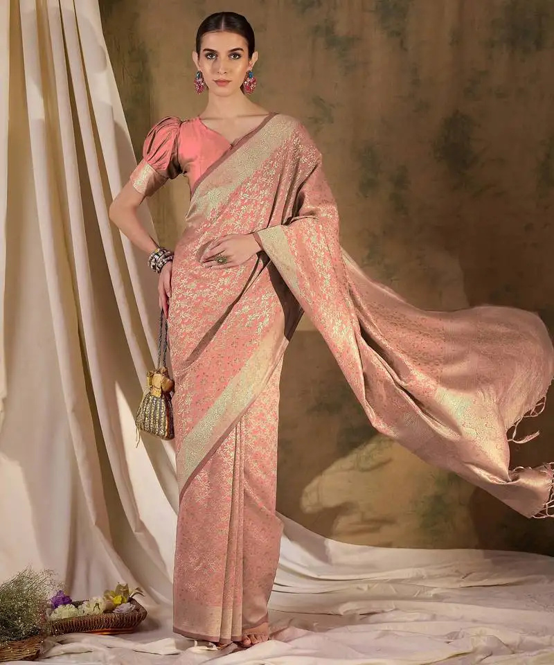 Peach banarasi art silk saree with delicate weaving details