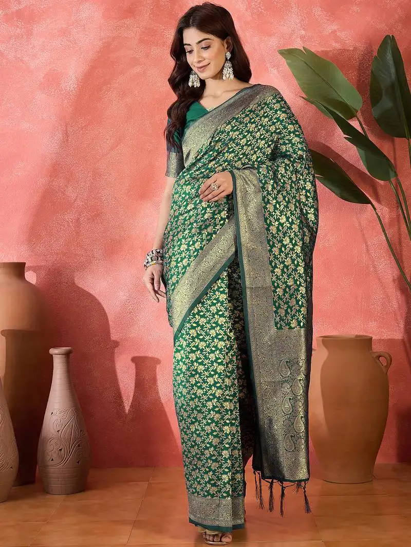 Green banarasi art silk saree with elegant weaving motifs