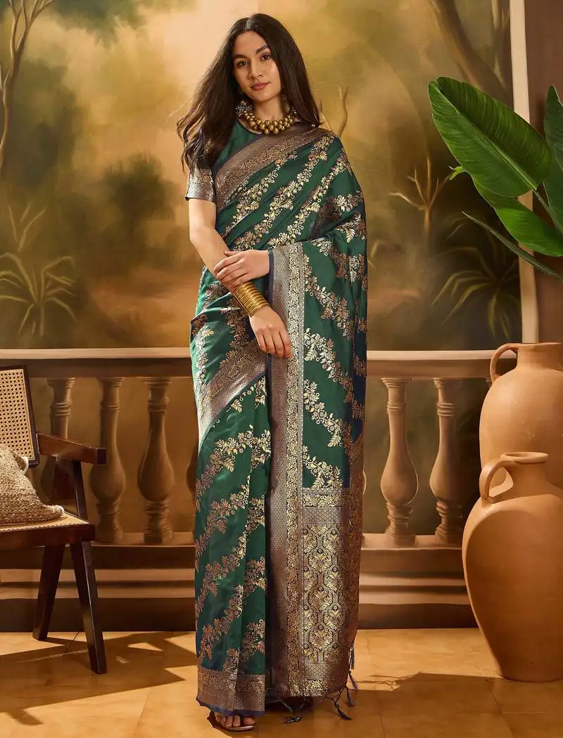 Classic green banarasi art silk saree with authentic weaving touch