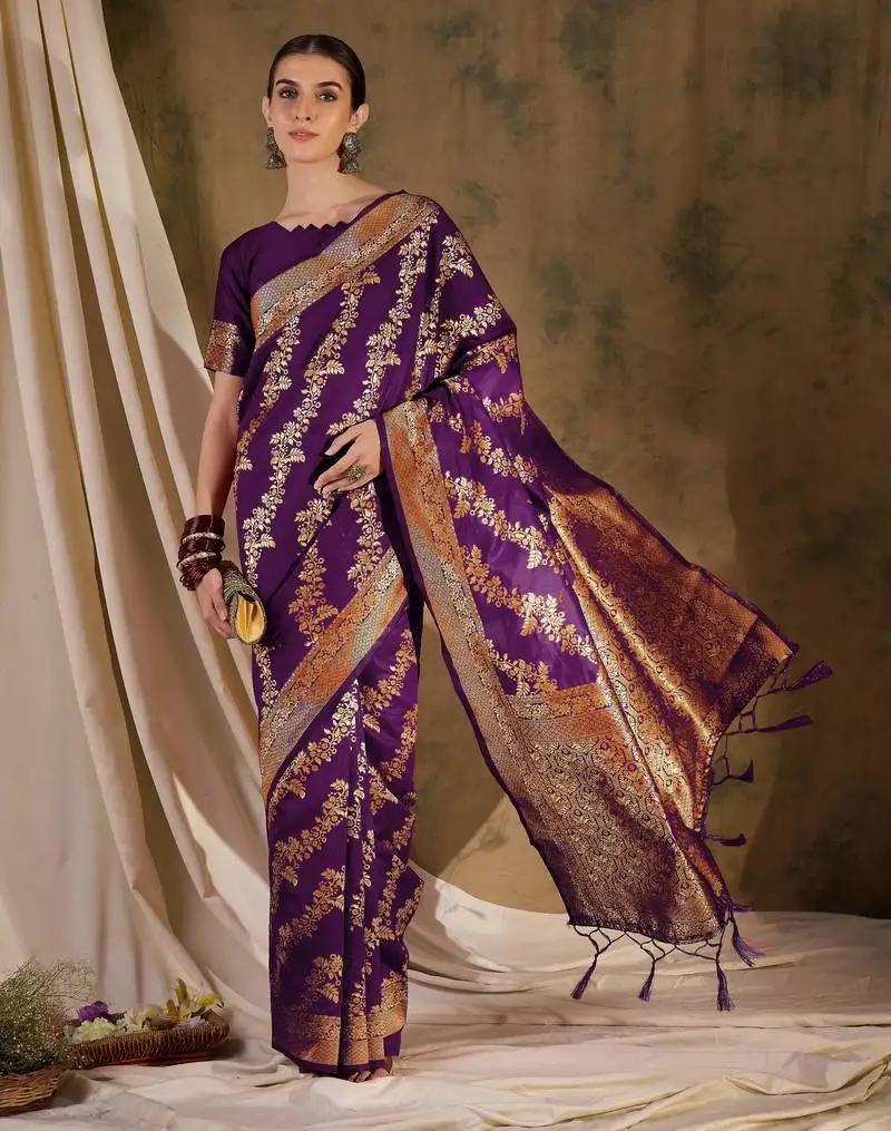 Wine banarasi art silk saree with contemporary weaving charm