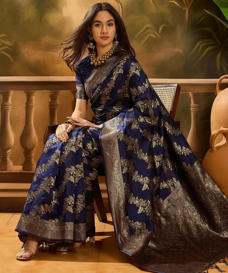 Navy blue banarasi art silk saree with traditional weaving appeal