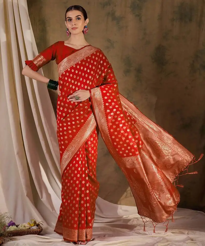 Bright red banarasi art silk saree with statement weaving work