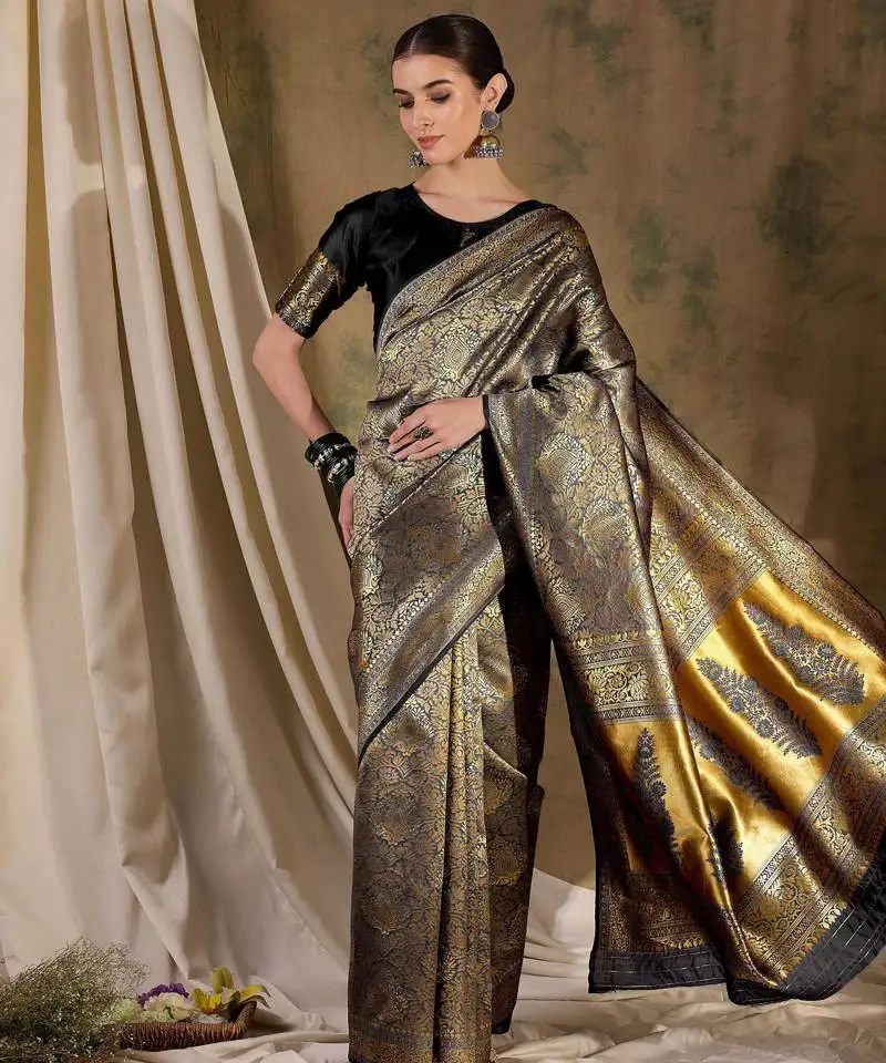 Black banarasi art silk saree with bold weaving features
