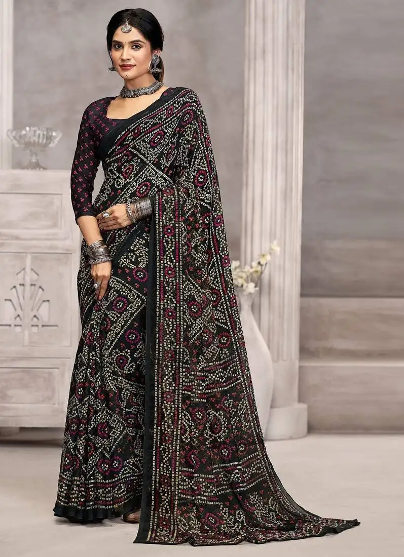 Black chiffon bandhani geometric printed saree with blouse