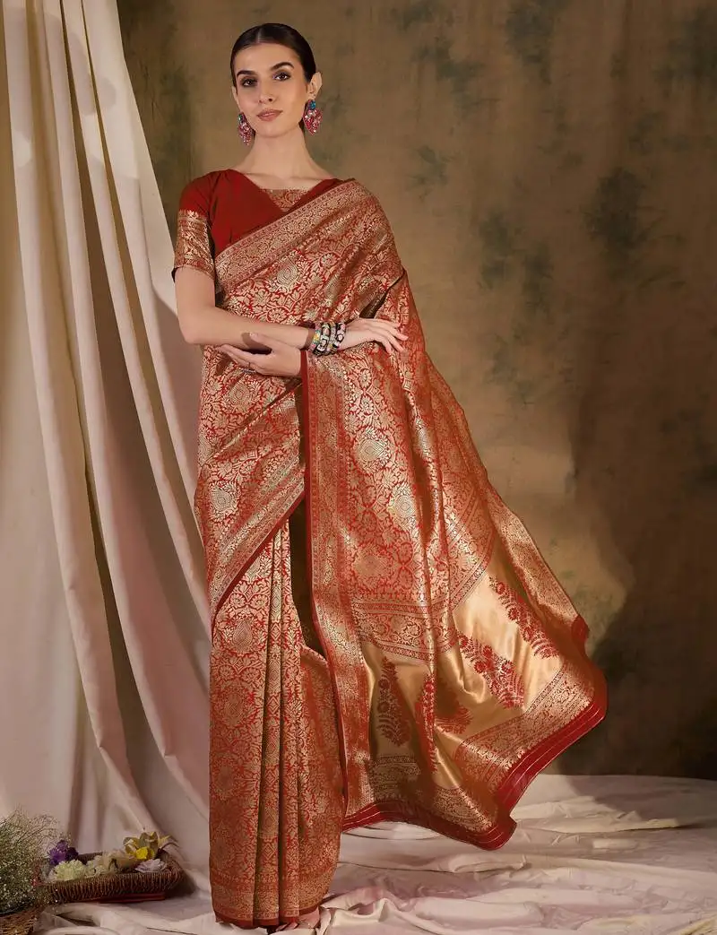 Red banarasi art silk saree with grand weaving design
