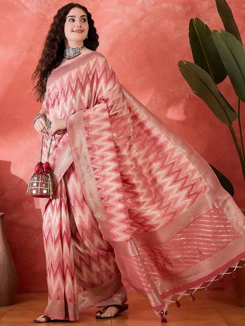 Pink heavy cotton silk saree with beautiful ethnic woven design