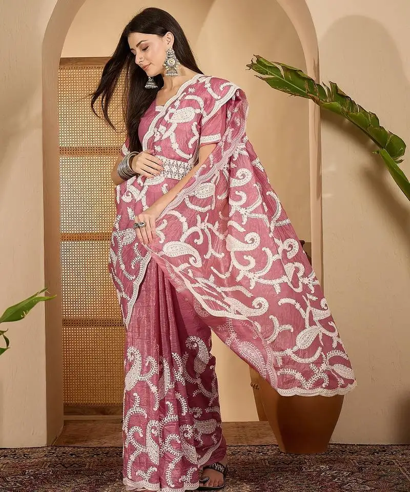 Dusty pink gold crush art silk embroidered saree with belt white thread work designer festive saree
