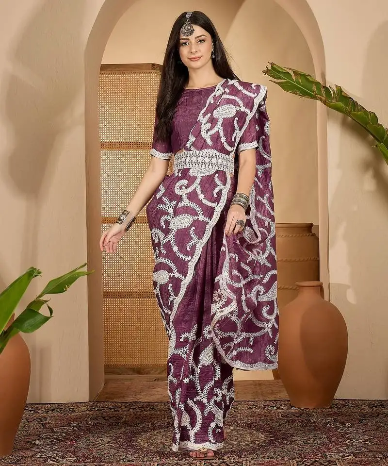 Grape purple gold crush art silk embroidered saree with belt white thread work festive designer saree