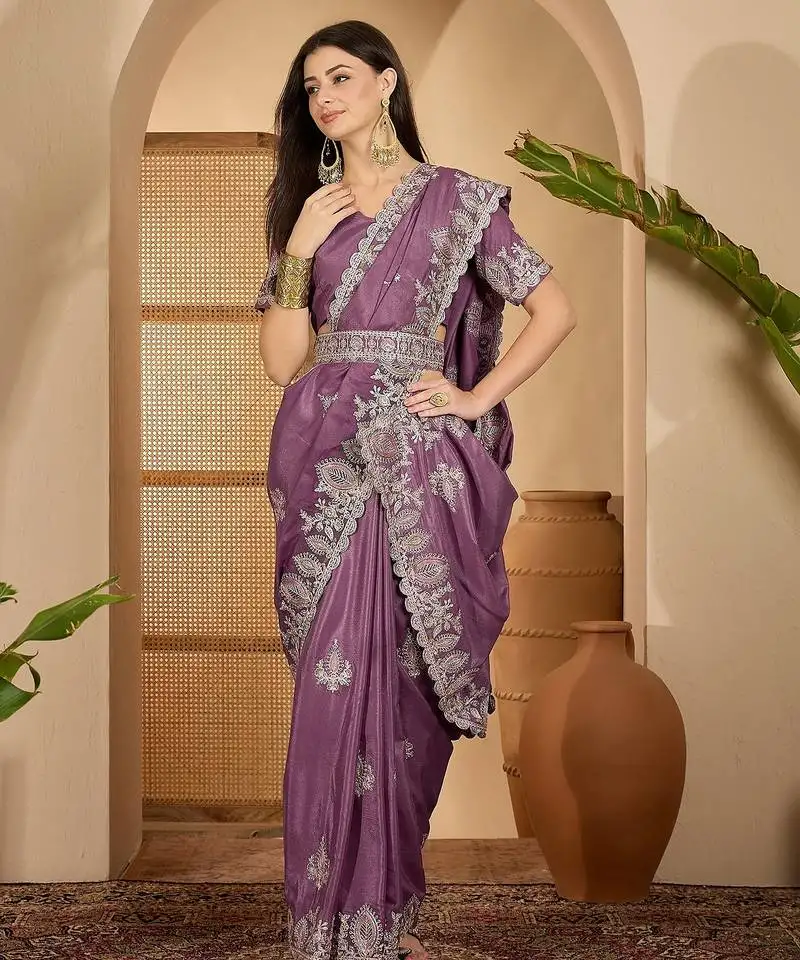 Lavender chocolate art silk embroidered saree with belt sequin work designer party & festive saree