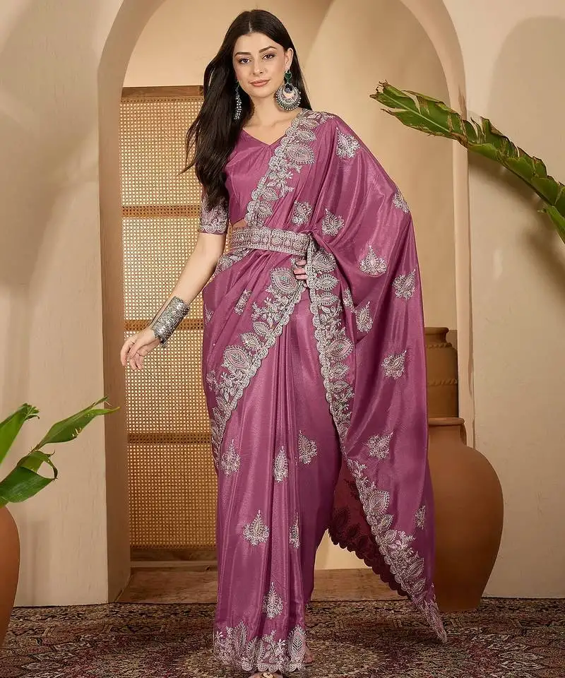 Dusty rose chocolate art silk embroidered saree with belt sequence work festive & party wear saree