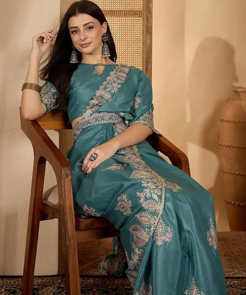 Teal blue chocolate art silk embroidered saree with belt sequence work designer festive party saree