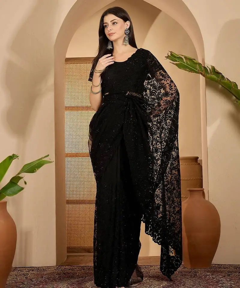 Black heavy net embroidered saree with belt diamond embellished designer party & reception saree