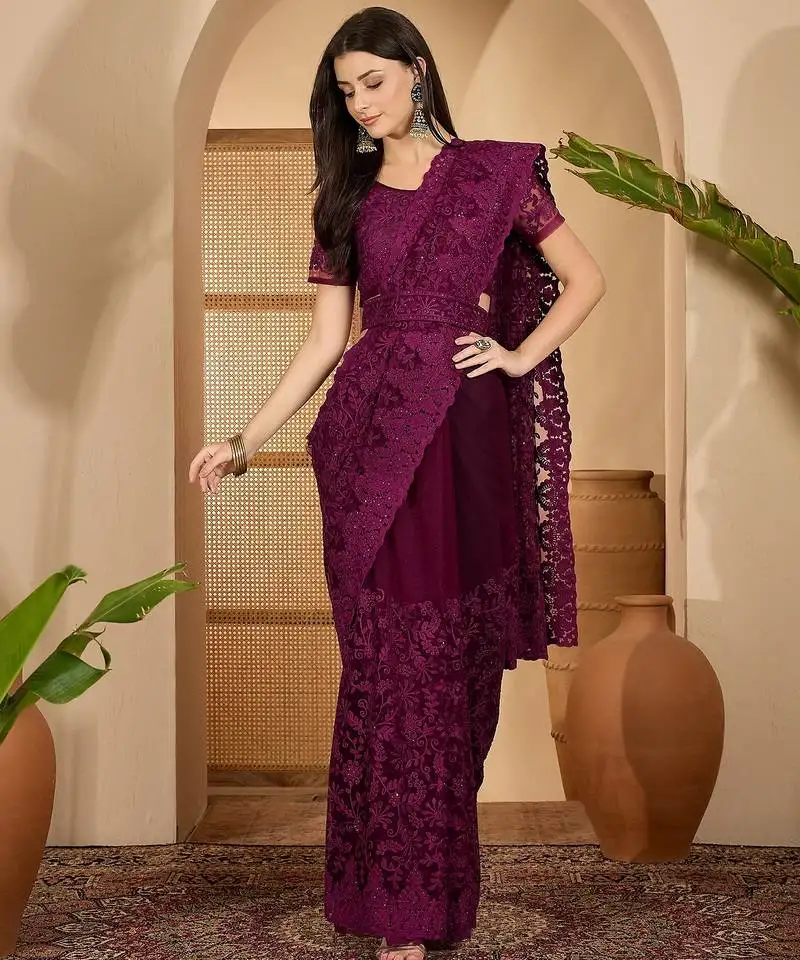 Wine purple heavy net embroidered saree with belt diamond embellished designer festive party saree