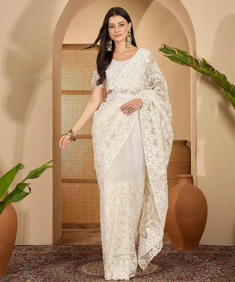 White heavy net embroidered saree with belt diamond embellished designer wedding & party saree