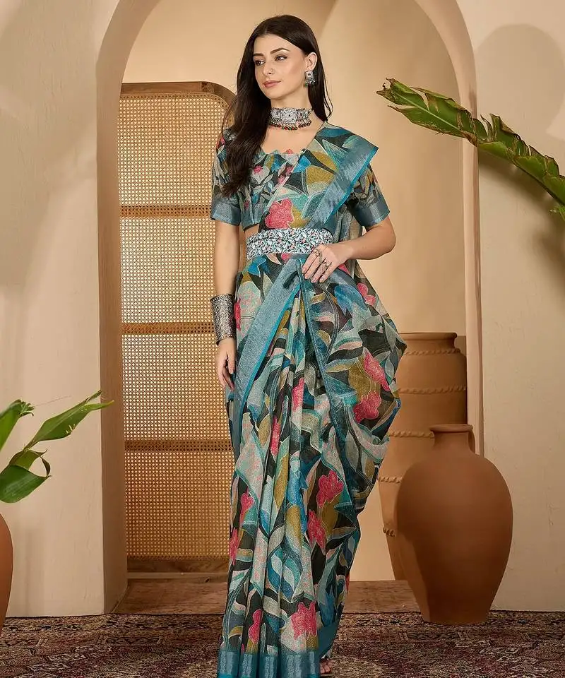 Teal linen zari digital print saree with belt fancy multicolour print zari border festive saree