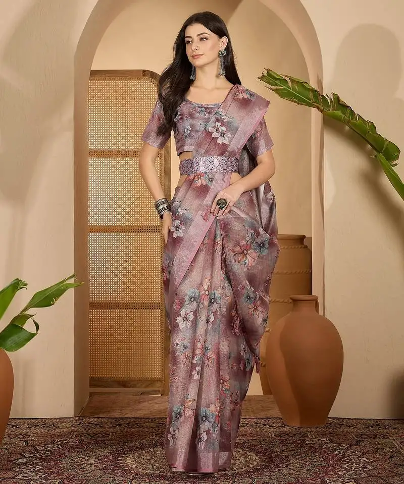Dusty pink linen zari digital print saree with belt floral print zari border designer festive saree