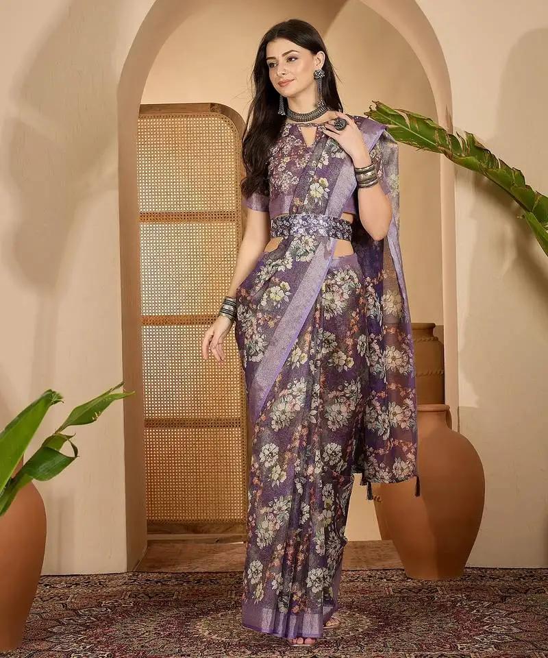 Purple linen zari digital print saree with belt floral print fancy zari border festive wear saree