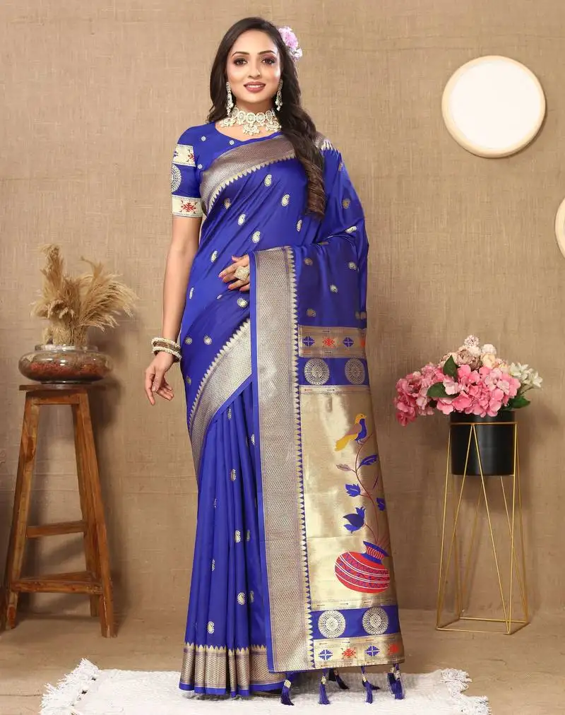 Royal blue color paithani silk woven meenakari jacquard designer traditional rich ethnic saree