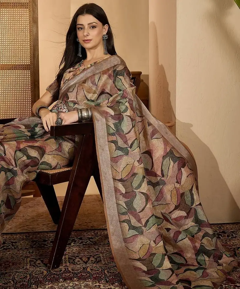 Beige leaf print linen zari saree with belt fancy digital print zari border festive casual saree