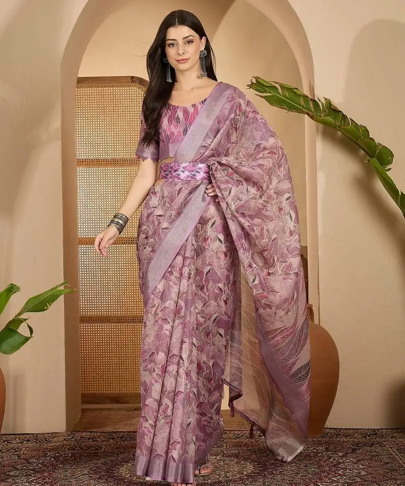 Lavender floral print linen zari saree with belt digital print zari border designer saree