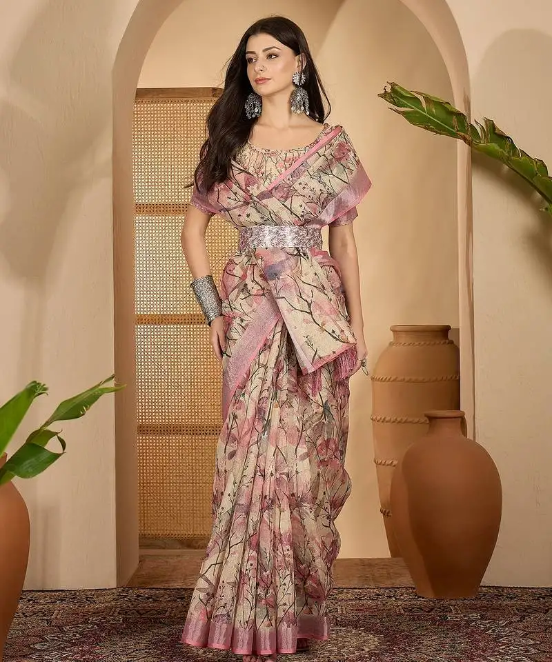 Beige pink floral print linen zari saree with belt digital print zari border festive party saree