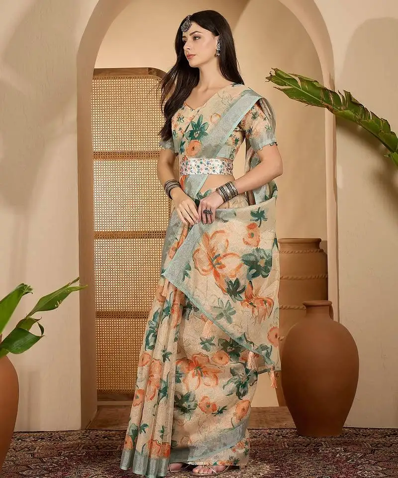Beige floral digital print linen zari saree with belt zari border lightweight festive saree