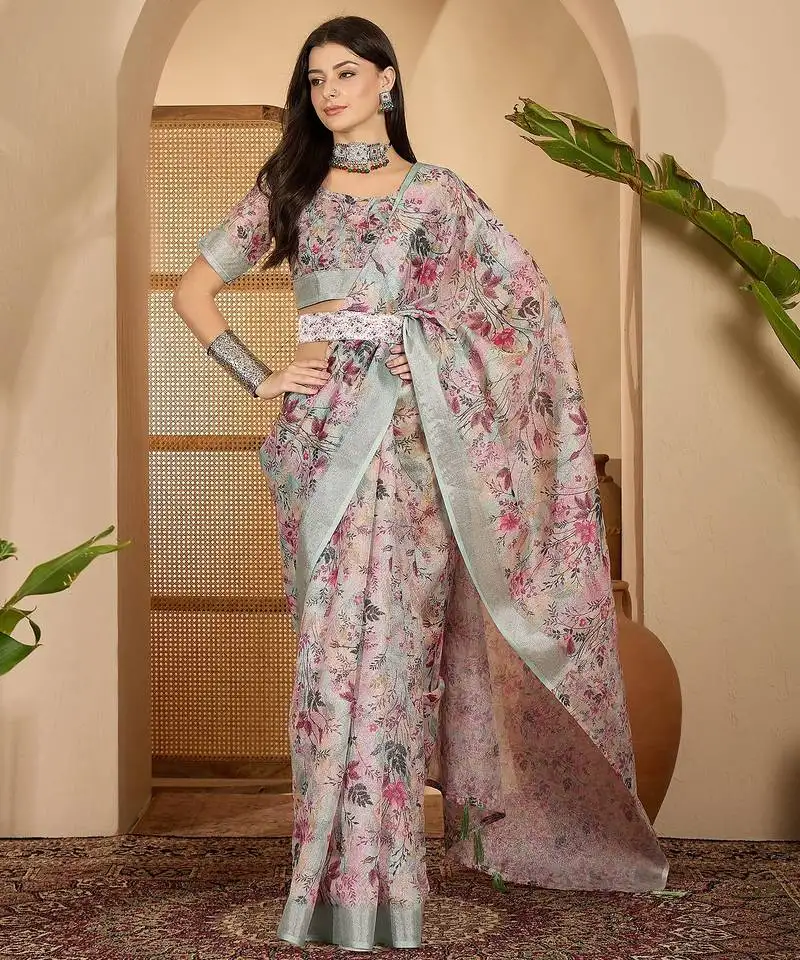Pastel floral digital print linen silver zari saree with belt lightweight festive saree for women